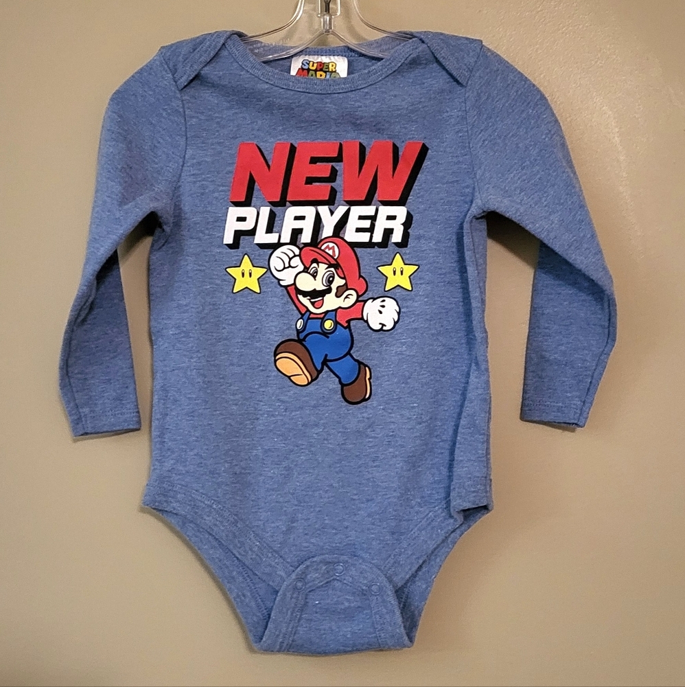 Super Mario "New Player" blue long sleeve onesie/bodysuit